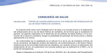 Abierto el plazo de consulta de la futura Ley de Salud Pública de Cantabria